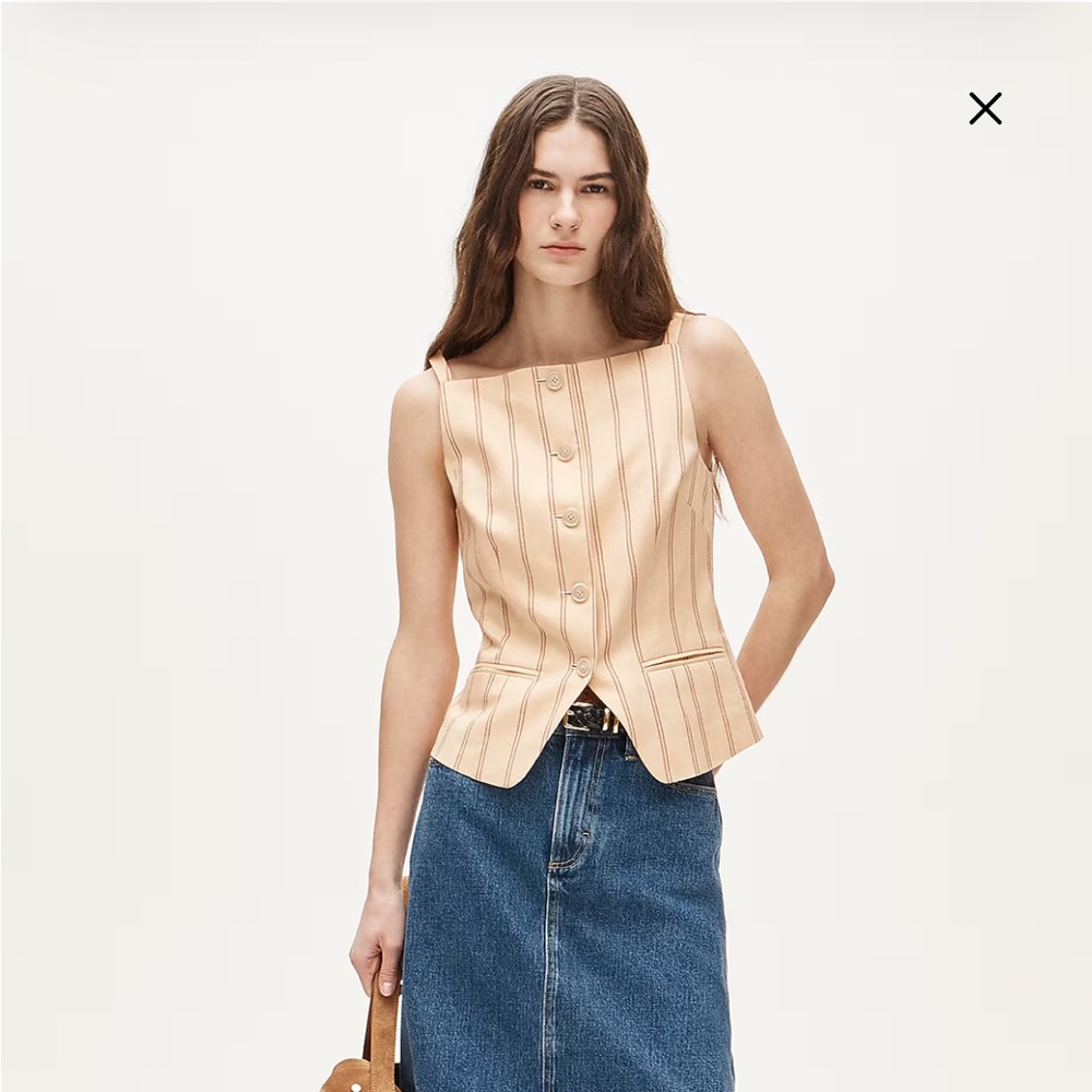 J. Crew Button-up cutaway tank top in striped Gramercy linen blend.